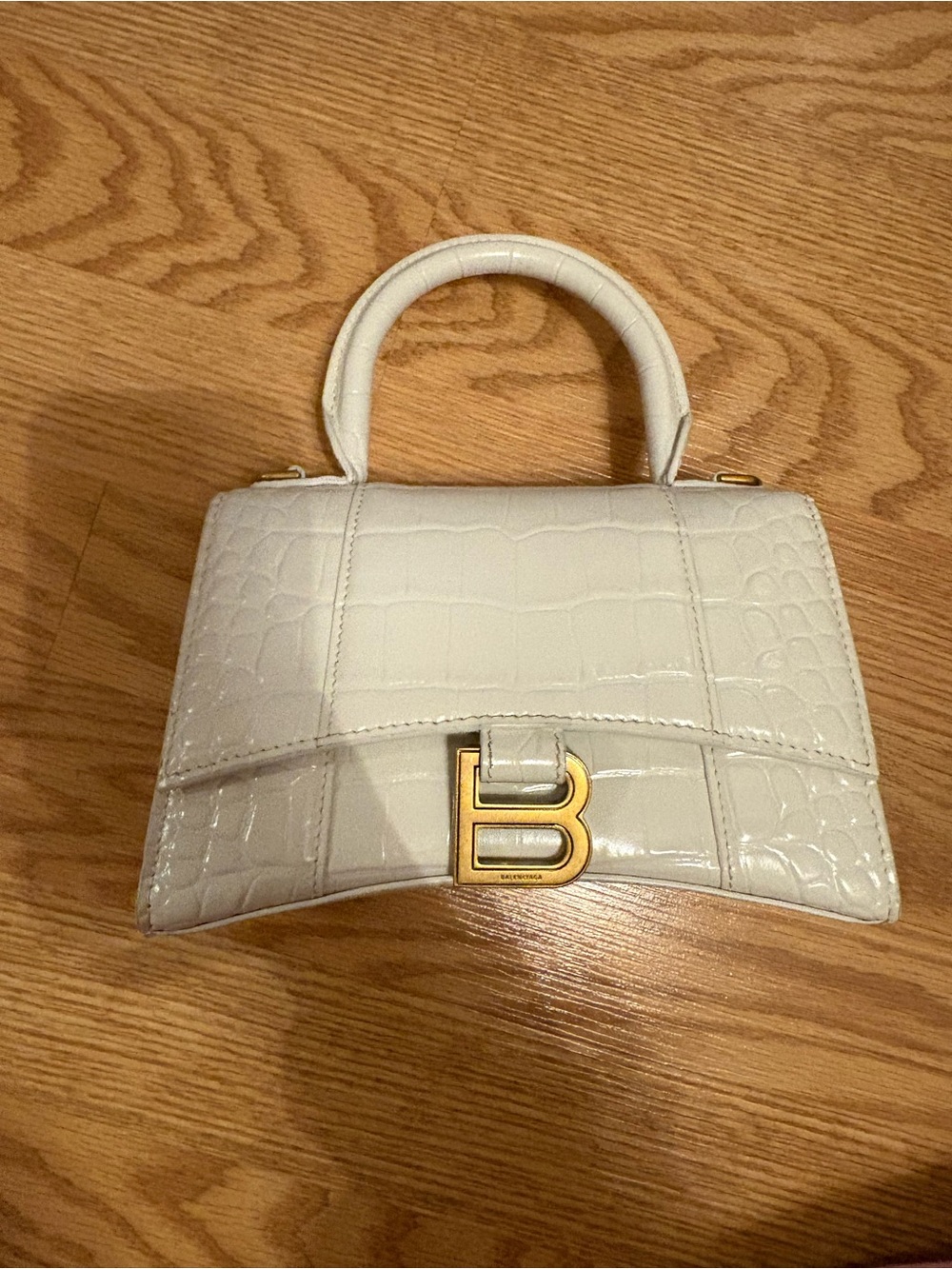 Balenciaga Cream Croc-Embossed Hourglass Mini Top Handle Bag with Gold 'B'
